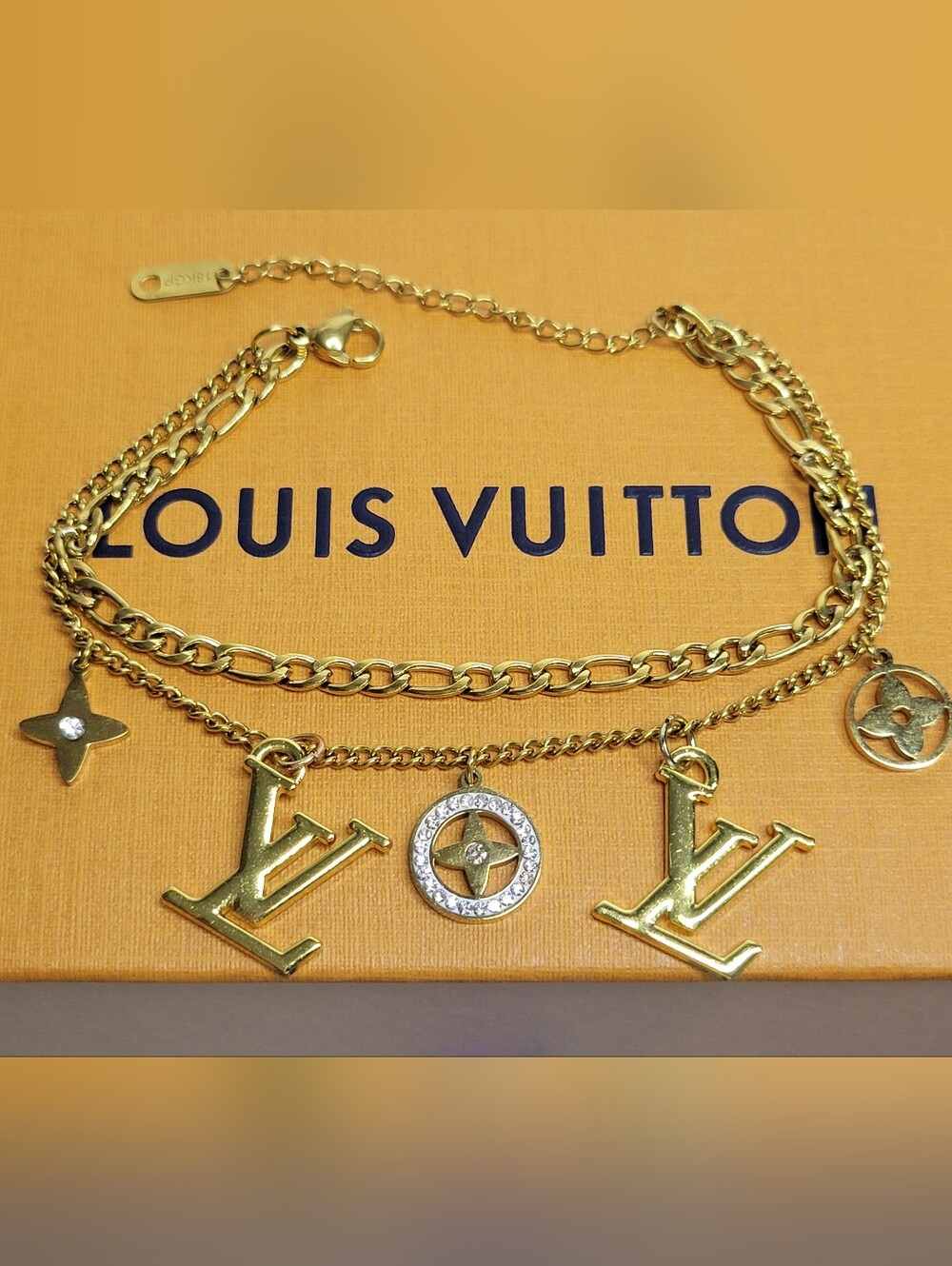 18k Gold Plated Adjustable Bracelet, LV zip Pull Charms, New